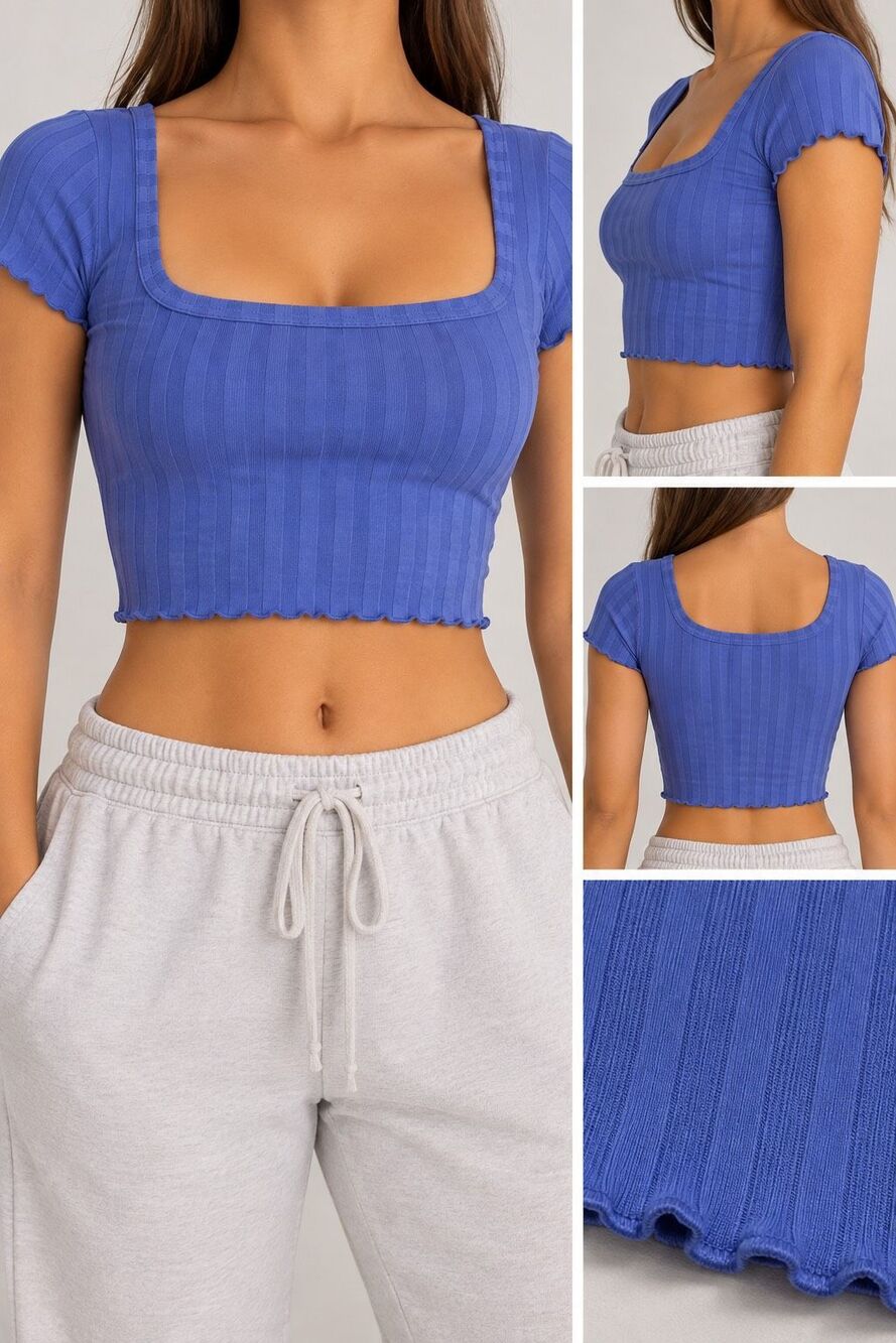 Aerie OFFLINE Blue Ribbed Crop Top Small Square Neck Baby Tee NWT